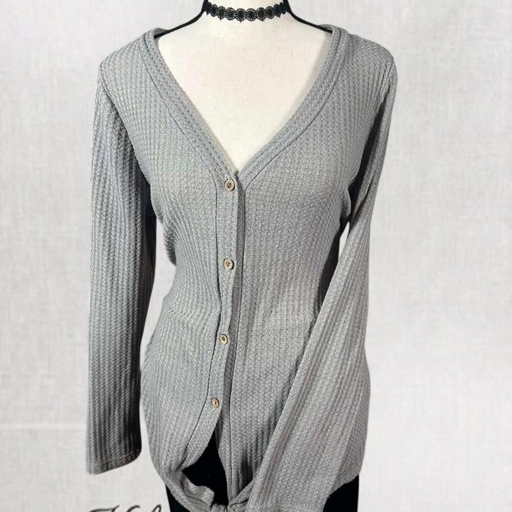 Chic Cozy Gray Basic Button Up Long Sleeve Top with Tie Front